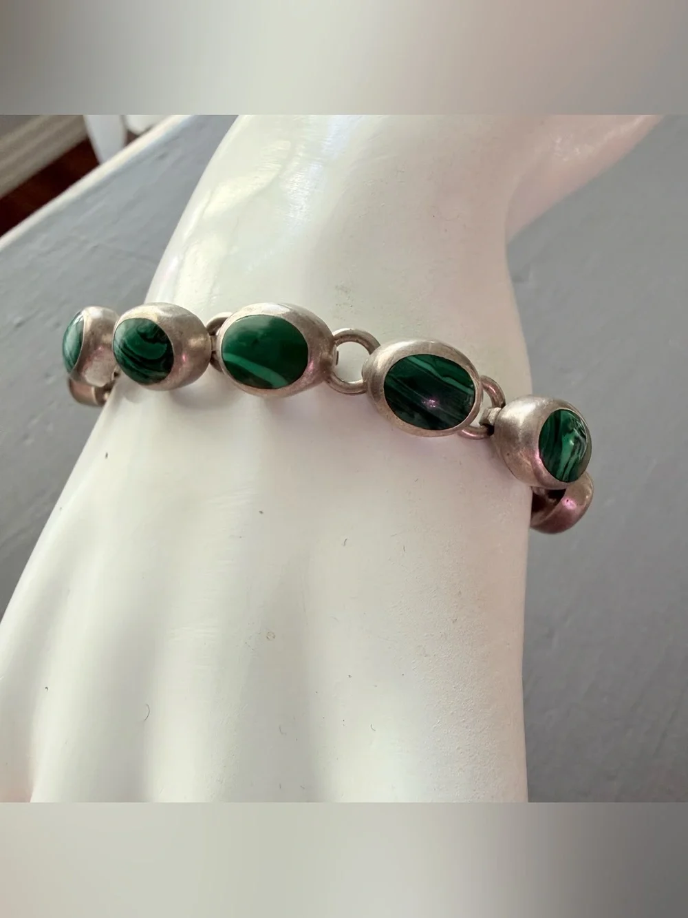 Mexico 925 Sterling Silver Green Malachite Silver Link Bracelet
